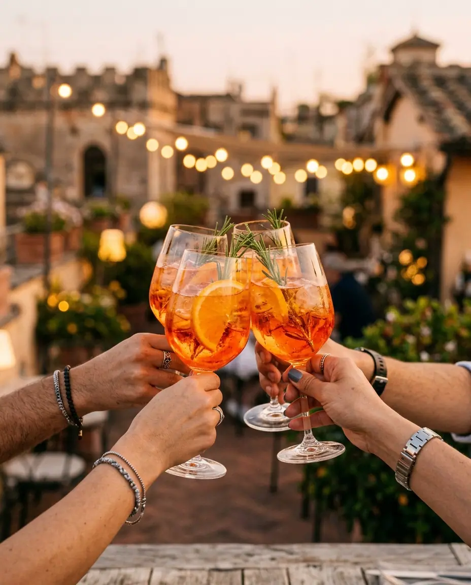 Des amis trinquent au coucher du soleil sur une terrasse